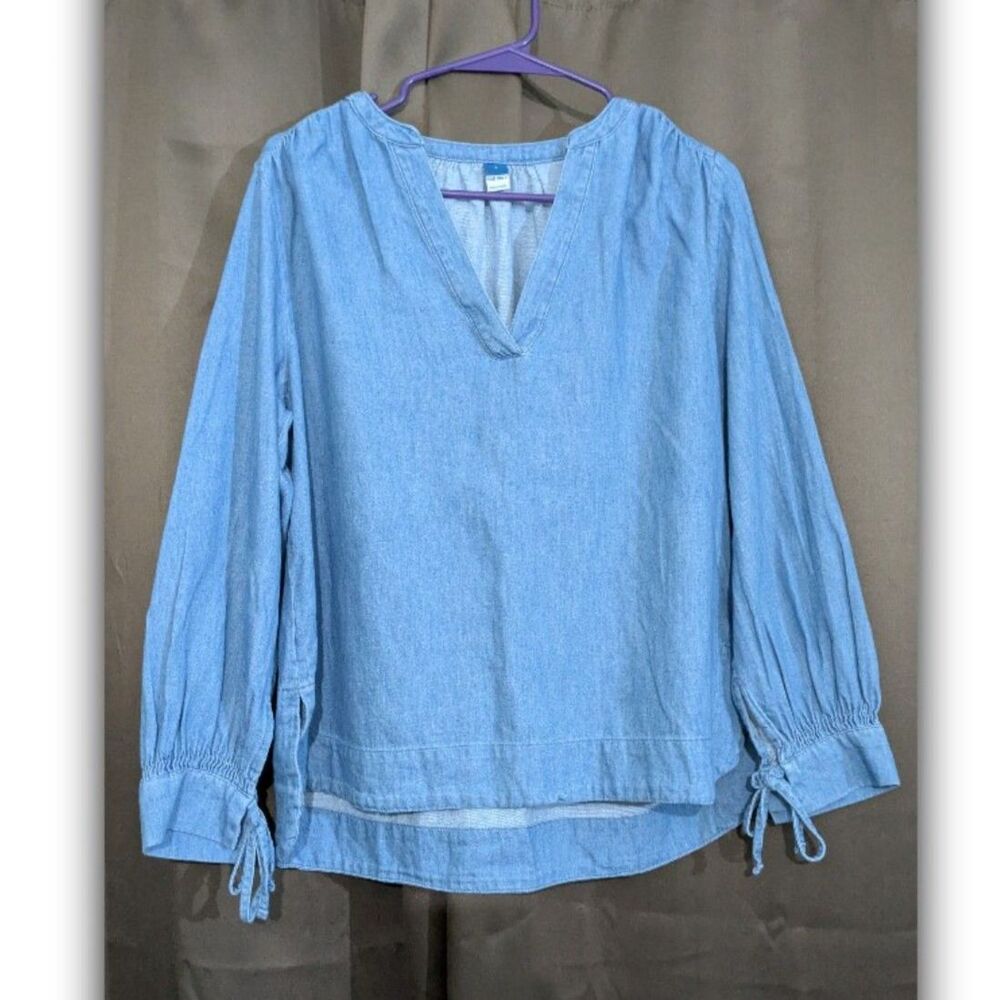 Old Navy Denim Shirt Size S Women's Long Sleeve Tie Cuff V Neck Top